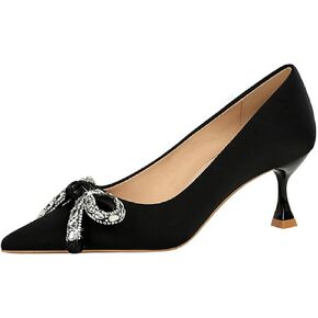Women's Satin Shiny Bow Stilettos Sexy Rhinestone Closed Pointed Toe Slip On Dress Pumps Fashion Elegant Versatile Wedding Bridal Party Shoes