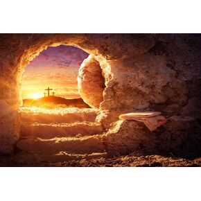 Easter Tomb Backdrop Resurrection of Jesus Empty Tomb with Shroud Christ Crucifix Holy Light Stone Hole Background Lord Pray Church Events Banner Decorations Studio Props 10x8ft
