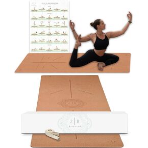 Premium Cork Yoga Mat - Designed by Professionals Yogis - Stays Flat Due to more Weight - Natural Cork & Rubber - Includes Poster With Poses & Strap For Stretching.
