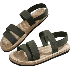 OYOANGLE Women's Elastic Band Open Toe Ankle Strap Sandals Summer Beach Straw Flat Sandal