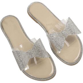 GORGLITTER Women's Rhinestone Bow Flat Clear Sandals Open Toe Slip on Summer Slide Sandals