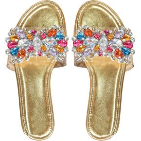 Women's Glitter Rhinestone Sandals Dressy Colorful Flat Sandals Open Toe Single Band Slide Shoes