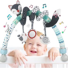 Baby Stroller Arch Toys, with Stretch & Spiral Black and White Hanging Toy Activity Set, Adjustable Clamp for Strollers, Cribs & Car Seats, Includes Rattles, Squeaker & Teether (02)