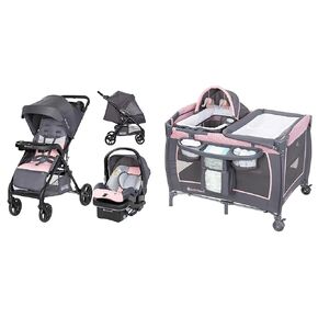 Baby Trend Passport Carriage Travel System with Bassinet, Changing Table, Toys, and Music Center, Dash Pink