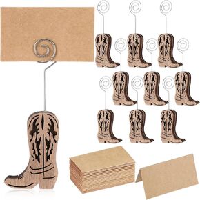 Havawish 10 Set Wooden Cowboy Boot Place Card Holders and Kraft Place Cards Double Sided Pattern Cowboy Boot Table Number Photo Holder Menu Memo Clip Decoration for Wedding Party Favor (Dark Brown)