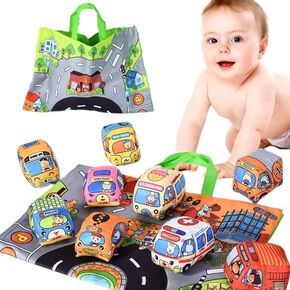 10 PCS Toddler Early Learning Toys for 1-3 Years Old Baby Gift Cloth Plush Vehicles Toys Set with Playmat Map Storage Bag.