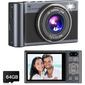 Digital Camera, 4K 64MP Autofocus UHD Dual Cameras with 64GB Micro SD Card 2.8'' IPS Sceen, 18X Digital Zoom Selfie Compact Point and Shoot Vlogging Camera for Teens Beginner Adult, Metal Grey