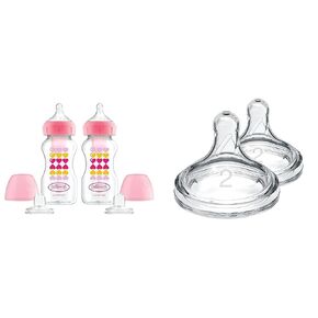 Dr. Brown's Anti-Colic Options+ Sippy Bottle Starter Kit with 2 Wide-Neck Baby Bottles, Level 2 Medium Flow 100% Silicone Nipples, 9oz 270mL, Pink, 6m+