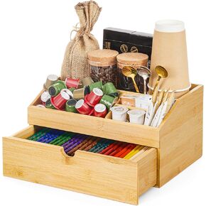 Coffee Bar Organizer Countertop with Drawer, Cafe Station Storage for Bar Accessories,Bamboo Espresso Bar Decor Holder for Bar Decor,Black