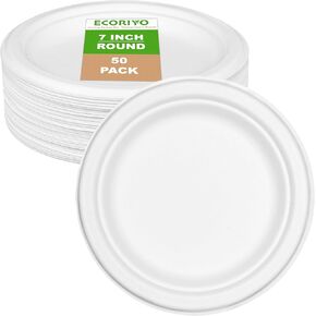 Paper Compostable Plates - 9 Inch Heavy Duty Paper Plates, 50-Pack of Biodegradable Plates from Sugarcane - Disposable Dessert Plates, Thick Paper Plates Bulk