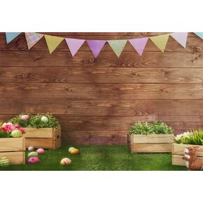 Easter Backdrops for Photography Fabric Backdrop Rustic Grass Ground Colorful Flag Backdrops for Children,Studio,Party Brown Wood Wall Photo Studio Shooting 7x5ft