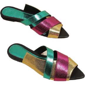 Women's Leather Fashion Flat Slides Sandals Comfort Summer Slip On Pointed Open Toe Slingback Casual Sandals for Outdoor Party Walking Beach