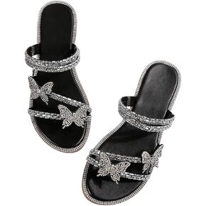 OYOANGLE Women's PU Leather Rhinestone Sandals Butterfly Strappy Flat Open Toe Elegant Slides Sandals