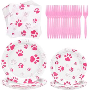 durony 72 Pieces Dog Paw Print Birthday Party Supplies Include 32 Plates, 24 Napkins and 16 Forks Pink Dog Paw Prints Party Decorations for Puppy Theme Party, Picnic, Baby Shower