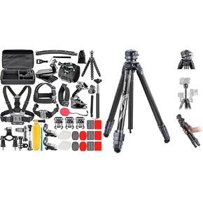 NEEWER 50 in 1 Action Camera Accessory with 62" TP62 Travel Tripod Compatible with GoPro Hero 12 11 10 9 DJI OSMO 4 3 2 Insta360 X3 X2 GO 3 SJCAM DBPOWER AKASO VicTsing APEMAN WiMiUS Lightdow Campark