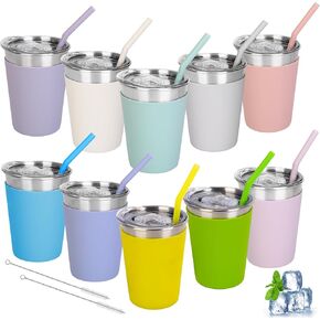 IBEIYO 10 Pack Stainless Steel Kids Cups with Straws and Lids Water Spill Proof Toddlers Cups with Colorful Silicone Sleeves Reusable Kids Tumblers with Lids for Cold & Hot Drinks（12oz)