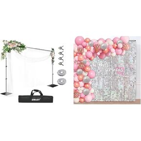 EMART 8.5x10ft Pipe and Drape Backdrop Stand for Parties with 24 Pcs Silver Shimmer Wall Backdrop Sequin Panels