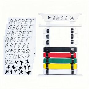 Wall Karate Belt Display Rack with Medal Hanger and Stickers, Black Martial Arts Belt Display Holder, 8 Belt Taekwondo Belt Display Hanging Holder for Kids and Adults