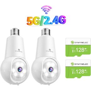 Symynelec 2.5k 5ghz/2.4 جيجا هرتز كاميرا أمان المصباح الأمان في الهواء الطلق 2pcs مع بطاقة TF 28GB 2PC ، كاميرا مصباح WiFi مزدوج النطاق مع تتبع الكشف عن الحركة البشرية منظمة العفو الدولية