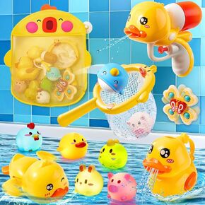Duck Baby Bath Toys for Toddler Kid, 12 Pcs Bathtub Toy with Water Shooter/ Wind up Swimming Ducky/ Glow Floating Animal/ Fishing Net/ Organizer/ Suction Spinner, Beach Pool Infant Birthday Gift