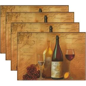 4 Pcs Vintage Wine Glass Placemats, Table Mats Washable Heat for Kitchen and Dining Tables Decoration for Indoor Outdoor Dinner Party Decor (12" x 18" Linen)