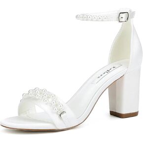 Block Heel Wedding Sandals Pearl Heels Open Toe Wedding Shoes for Bride Ankle Strap Bridal Shoes
