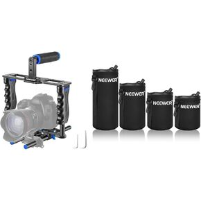 NEEWER Camera Video Cage Film Movie Making Kit, Aluminum Alloy with Top Handle Dual Hand Grip Two 15mm Rods, Compatible with Canon Sony Fujifilm Nikon DSLR Camcorder, Lens Case Lens Pouch Bag Included