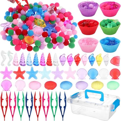 355 Pcs Summer Beach Sensory Bin Filler Fine Motor Toys Counting Sorting 200 Felt Toys 140 Resin Beach Creatures 8 Tweezers 6 Silicone Plates 1 Storage Box for Counting Sorting DIY Crafts(Summer) in Kuwait