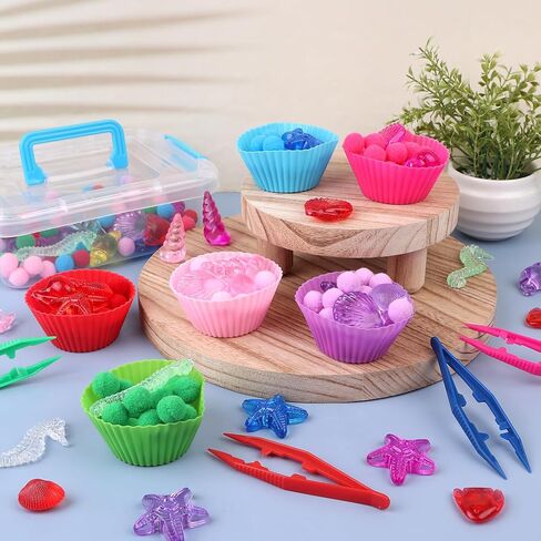 355 Pcs Summer Beach Sensory Bin Filler Fine Motor Toys Counting Sorting 200 Felt Toys 140 Resin Beach Creatures 8 Tweezers 6 Silicone Plates 1 Storage Box for Counting Sorting DIY Crafts(Summer) in Kuwait