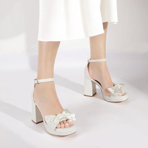 Mofri Showhow منصة chunky Heels Women's Chunky High Heel Sandals Strap Open Open Toe Pump Bowknots Sandals for Wedding Bridal Party in Kuwait