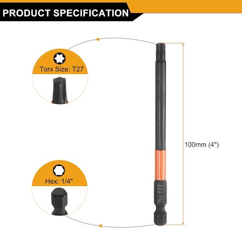 HARFINGTON 3pcs T27 Torx Head Screwdriver Bit 4" (100mm) Long 1/4" Hex Shank Magnetic No Hole Tamper Proof 6 Point Star Screw Driver Drill Bits Phosphate S2 Steel Industrial Power Tools in Saudi Arabia