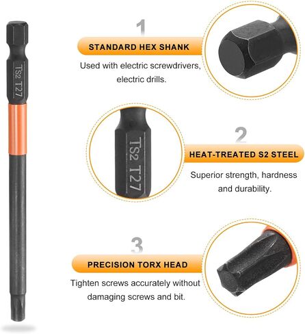 HARFINGTON 3pcs T27 Torx Head Screwdriver Bit 4" (100mm) Long 1/4" Hex Shank Magnetic No Hole Tamper Proof 6 Point Star Screw Driver Drill Bits Phosphate S2 Steel Industrial Power Tools in Saudi Arabia