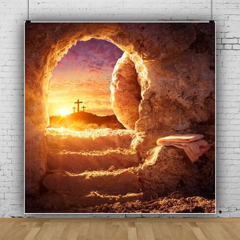 Easter Tomb Backdrop Resurrection of Jesus Empty Tomb with Shroud Christ Crucifix Holy Light Stone Hole Background Lord Pray Church Events Banner Decorations Studio Props 10x8ft in Kuwait