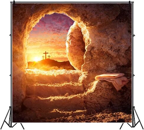 Easter Tomb Backdrop Resurrection of Jesus Empty Tomb with Shroud Christ Crucifix Holy Light Stone Hole Background Lord Pray Church Events Banner Decorations Studio Props 10x8ft in Kuwait
