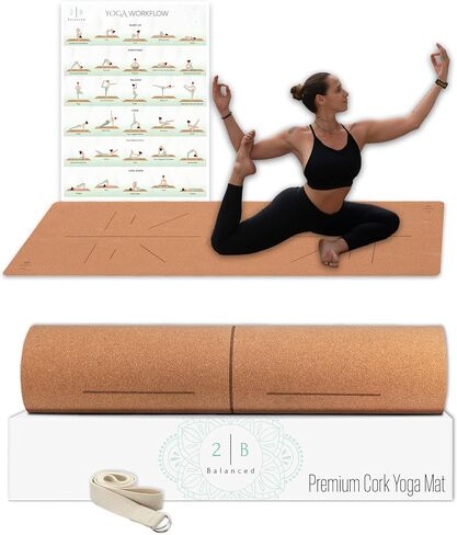 Premium Cork Yoga Mat - Designed by Professionals Yogis - Stays Flat Due to more Weight - Natural Cork & Rubber - Includes Poster With Poses & Strap For Stretching. in Saudi Arabia