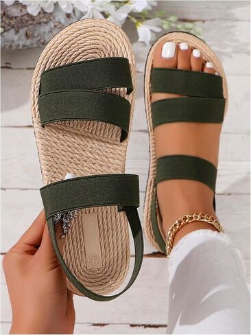 OYOANGLE Women's Elastic Band Open Toe Ankle Strap Sandals Summer Beach Straw Flat Sandal in Saudi Arabia