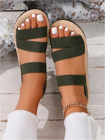 OYOANGLE Women's Elastic Band Open Toe Ankle Strap Sandals Summer Beach Straw Flat Sandal in Saudi Arabia