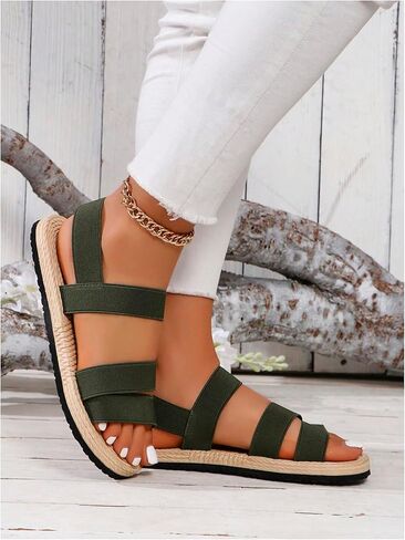 OYOANGLE Women's Elastic Band Open Toe Ankle Strap Sandals Summer Beach Straw Flat Sandal in Saudi Arabia