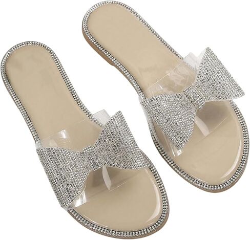 GORGLITTER Women's Rhinestone Bow Flat Clear Sandals Open Toe Slip on Summer Slide Sandals in Saudi Arabia