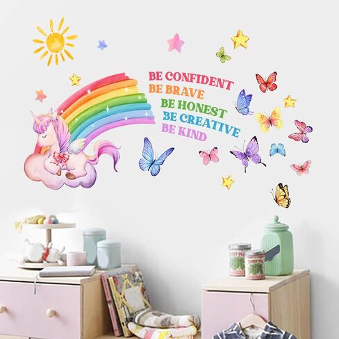 Rainbow Unicorn Sun Wall Decals Butterfly Word Wall Stickers Baby Nursery Kids Bedroom Living Room Wall Décor in Saudi Arabia