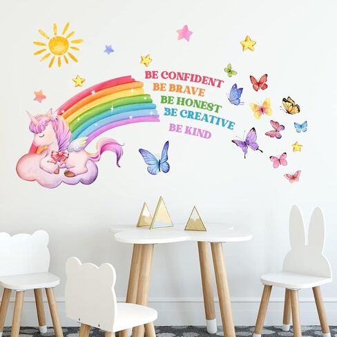 Rainbow Unicorn Sun Wall Decals Butterfly Word Wall Stickers Baby Nursery Kids Bedroom Living Room Wall Décor in Saudi Arabia
