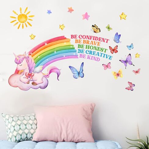 Rainbow Unicorn Sun Wall Decals Butterfly Word Wall Stickers Baby Nursery Kids Bedroom Living Room Wall Décor in Saudi Arabia