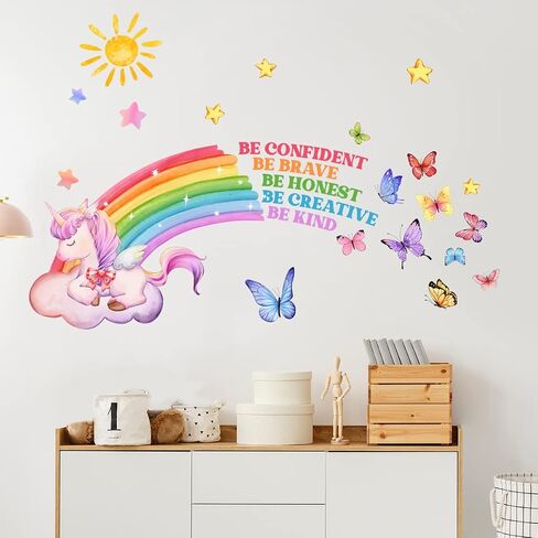 Rainbow Unicorn Sun Wall Decals Butterfly Word Wall Stickers Baby Nursery Kids Bedroom Living Room Wall Décor in Saudi Arabia