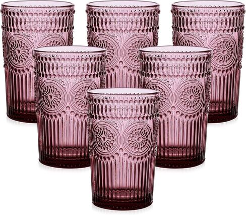 Vintage Glassware Drinking Glasses Set of 6,13 oz Green Textured Flower Design Glass Water Tumblers，Embossed Striped Drinkware for Water,Cocktails,Juice,Iced Coffee in Saudi Arabia
