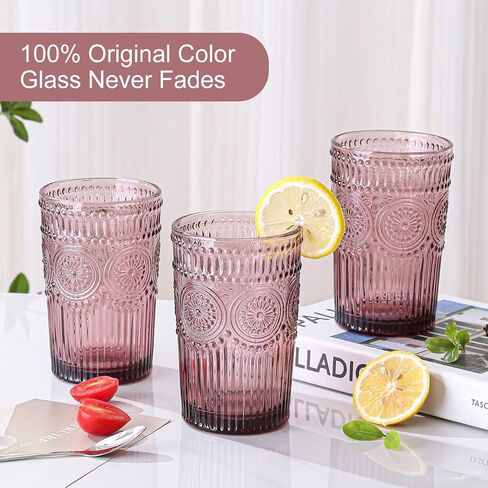 Vintage Glassware Drinking Glasses Set of 6,13 oz Green Textured Flower Design Glass Water Tumblers，Embossed Striped Drinkware for Water,Cocktails,Juice,Iced Coffee in Saudi Arabia
