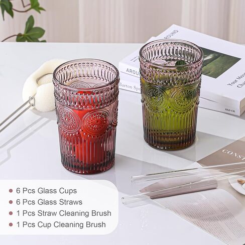 Vintage Glassware Drinking Glasses Set of 6,13 oz Green Textured Flower Design Glass Water Tumblers，Embossed Striped Drinkware for Water,Cocktails,Juice,Iced Coffee in Saudi Arabia