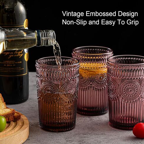 Vintage Glassware Drinking Glasses Set of 6,13 oz Green Textured Flower Design Glass Water Tumblers，Embossed Striped Drinkware for Water,Cocktails,Juice,Iced Coffee in Saudi Arabia
