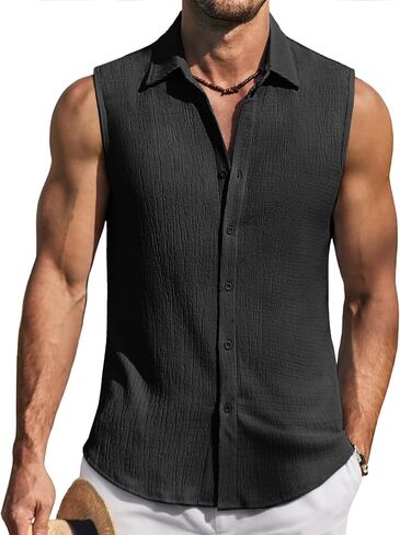 COOFANDY Men's Sleeveless Button Up Shirts Knit Summer Tank Top Casual Beach Tank Shirt Textured Tops in Kuwait