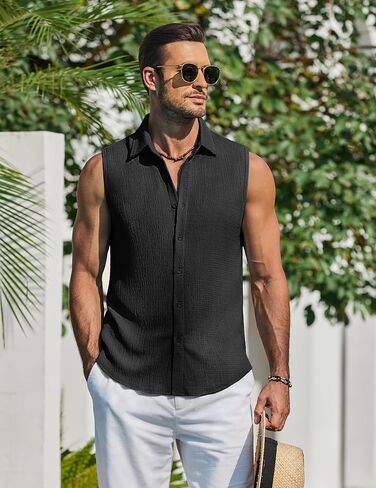 COOFANDY Men's Sleeveless Button Up Shirts Knit Summer Tank Top Casual Beach Tank Shirt Textured Tops in Kuwait