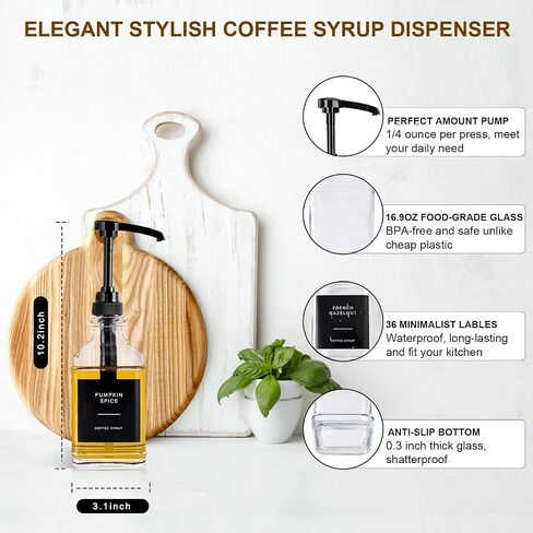 Coffee Syrup Dispenser for Coffee Bar, Glass Syrup Dispenser with Pump, Coffee Syrup Pump Dispenser Bottle with Tray, Spoon for Coffee Station, Coffee Bar Organizer, Black,16.9 oz, 500 ml in Saudi Arabia